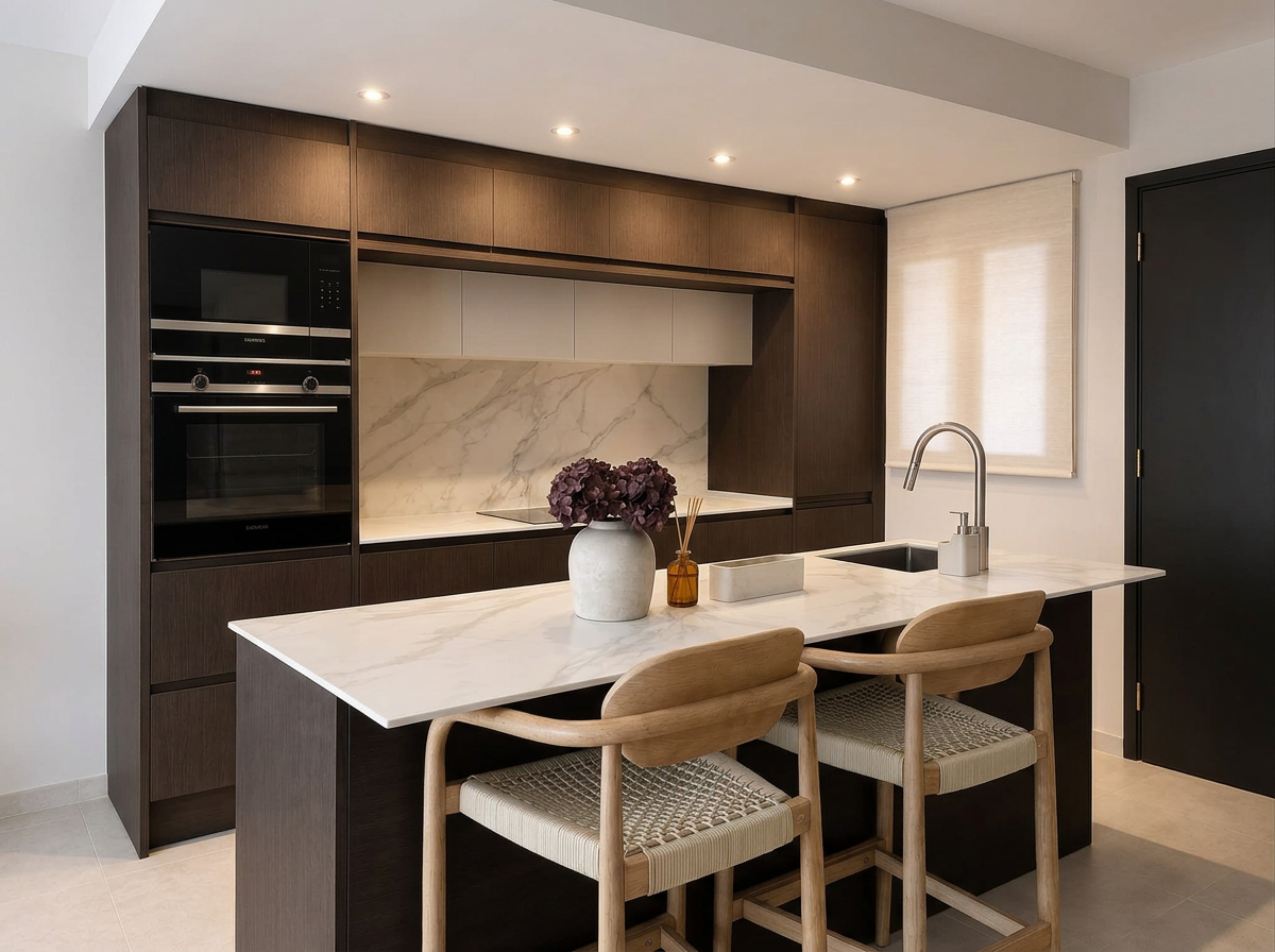 A warm Mediterranean kitchen with marble, oak cabinetry and woven bar stools