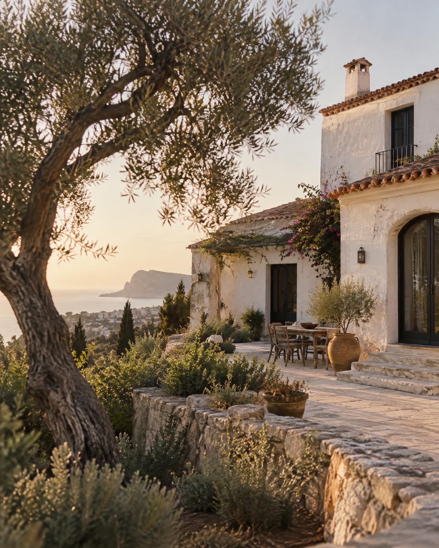 A sun-bleached Mediterranean villa terrace with an ancient olive tree and soft evening light