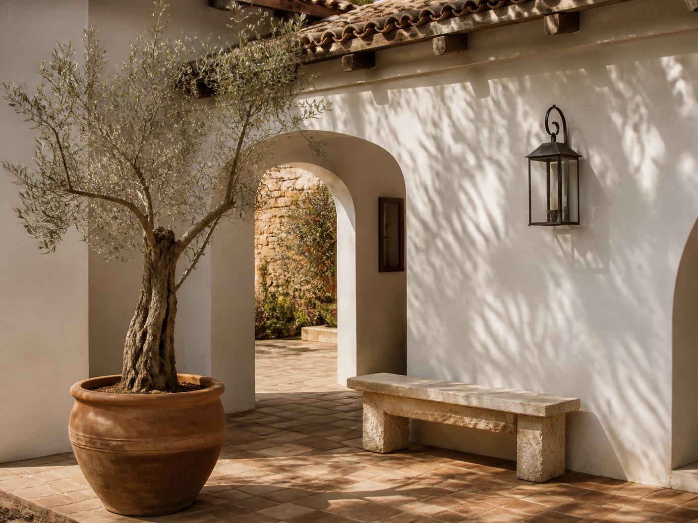 A quiet Mediterranean courtyard with terracotta and olive trees